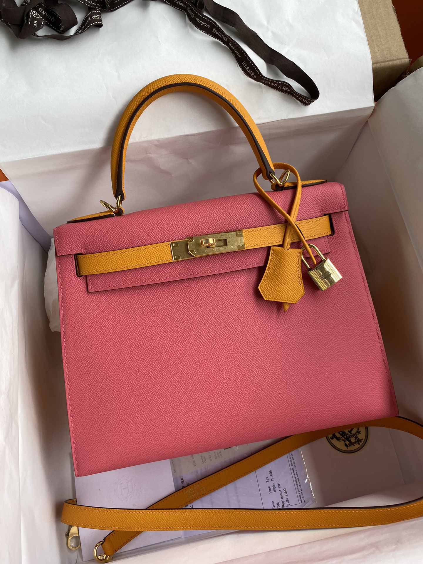 Hermes Kelly 28cm Handbag Shoulder Bag in Pink Yellow Amber Epsom Leather